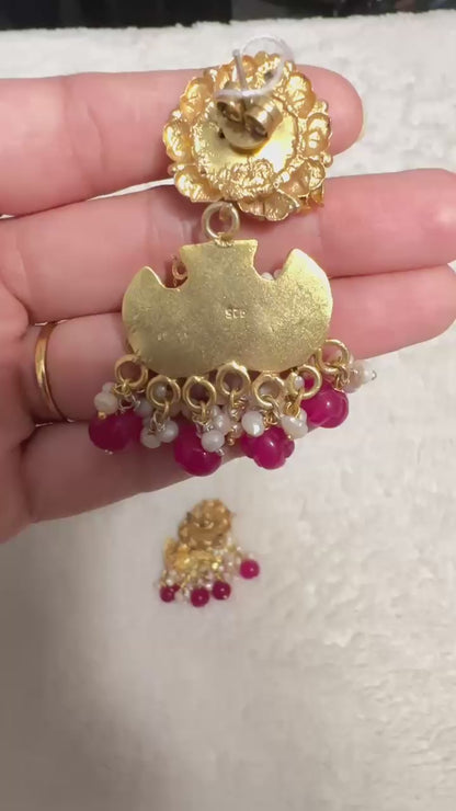Pure 92.5 Silver Gold tone Peacock Earrings embellished with semiprecious Ruby beads & Blue lapis stone along with Fresh water pearls.