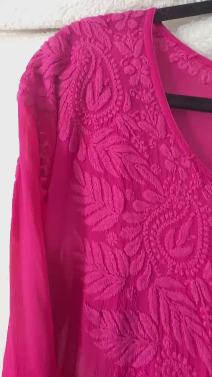 Hot pink tone on tone Viscose Chikankari Kurti  with 3D Chikankari