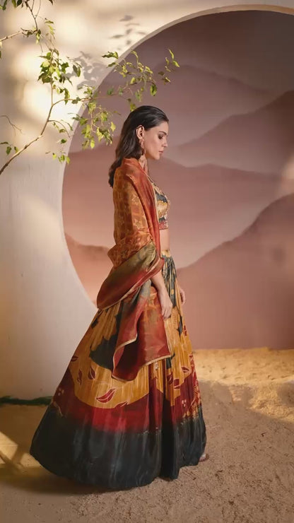 Yellow designer floral  Lehenga with Duppata highlighted with all  Cutdana, pearl handwork