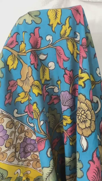 Teal Blue pure Bangalore silk hand drawn- hand painted Pen Kalamkari Saree