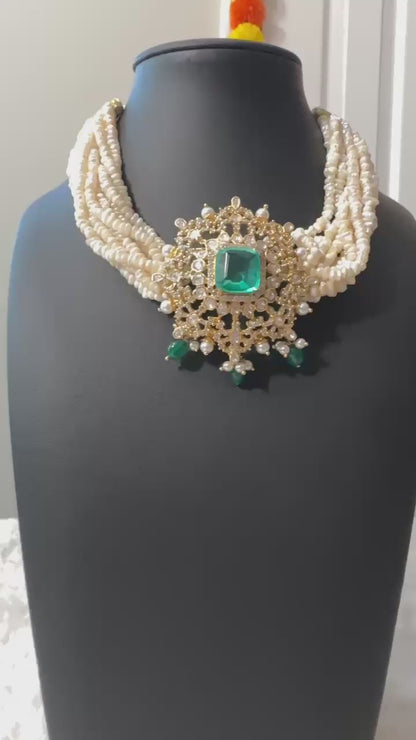 Pure 92.5 Silver Goddess Laxmi choker with Gold polish embellishment with Semiprecious Jade stone with CZ & fresh water pearls