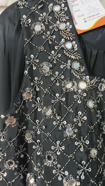 Jet Black designer Indowestern skirt set highlighted with sequins & Cutdana & mirror work