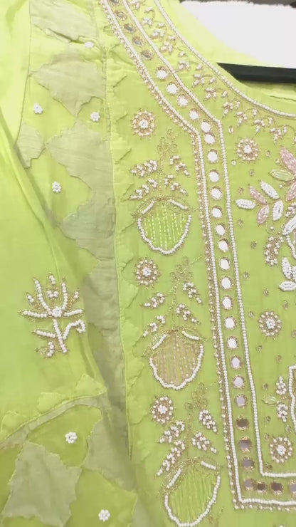 Parrot green pure Mulchanderi Mukaish suit highlighted with pearl & Cutdana handwork