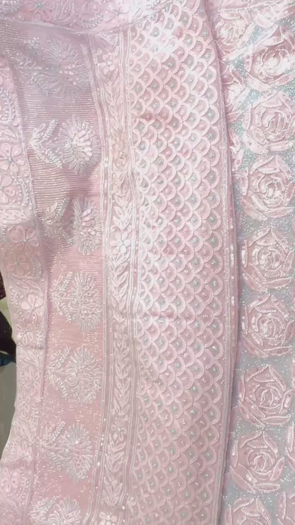 Baby Pink Pure Georgette Chikankari Saree with add on sequence, Pearl & Multicoloured Cutdana handwork