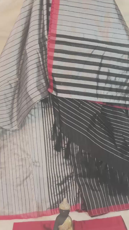 Grey with Black & Red pure Chanderi Pattu silk handloom Saree