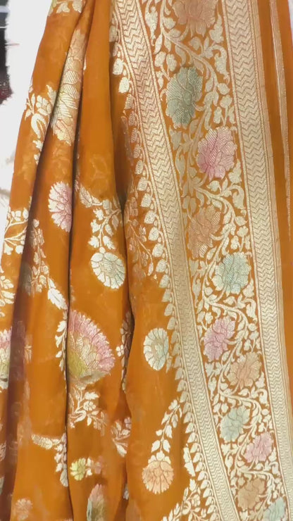 Mustard yellow Pure Khaddi Georgette handloom Banarasi saree with tested Gold zari and Meenakari weaving