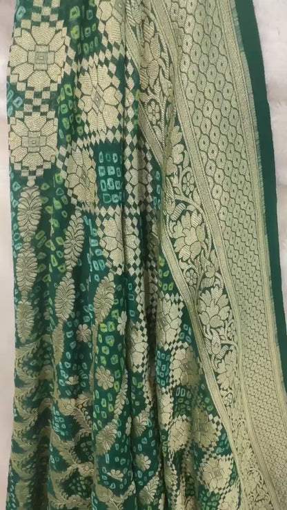 Leaf green Pure Khaddi Georgette hand rai Bandhani Banarasi saree with tested Gold zari weaving
