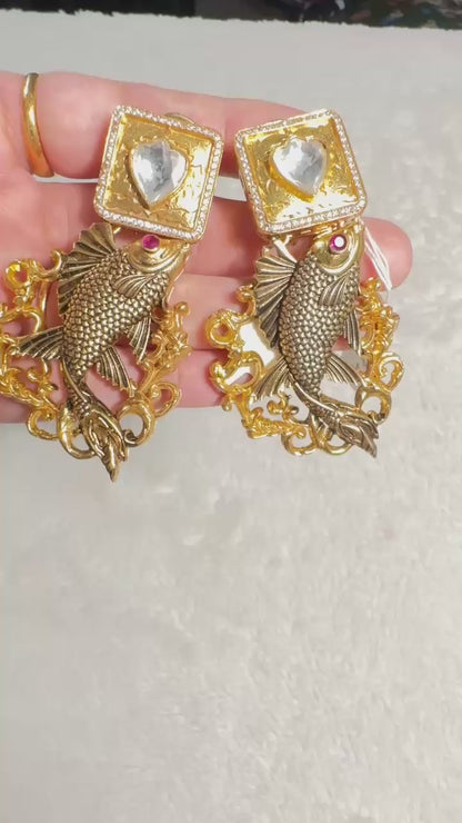 Pure 92.5 Silver Gold tone Fish Fusion Earrings embellished with semiprecious Ruby beads & Moissanite.