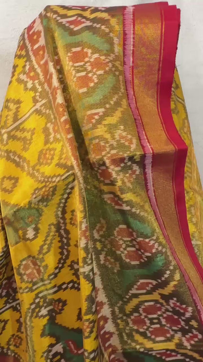 Mustard Yellow pure tissue silk semi double Patan Patola Handloom Saree