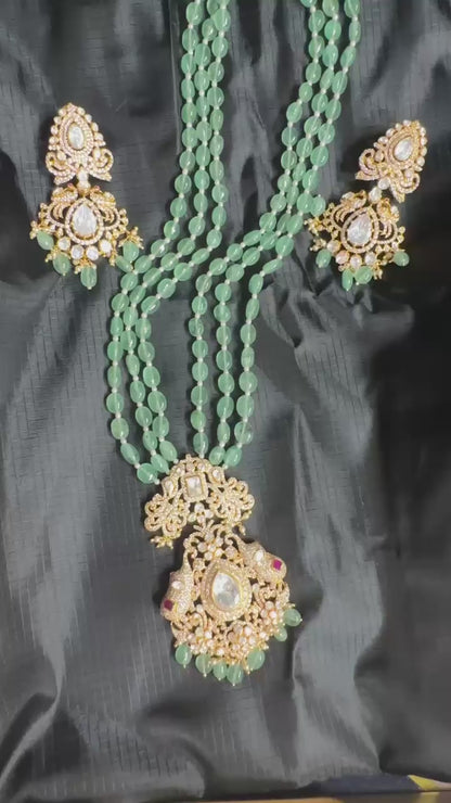 Pure 92.5 Silver with Gold polish Elephant pendant with Long earrings embellishment with Jade beads & Moisonite & CZ