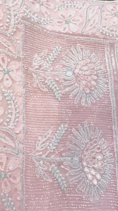 Baby Pink Pure Georgette Chikankari Saree with add on sequence, Pearl & Multicoloured Cutdana handwork
