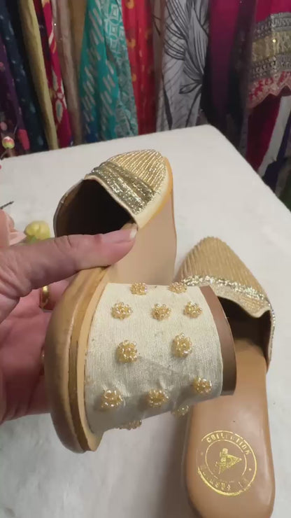 Golden Premium designer pure leather Jutti with heels with double cushion and highlighted with all handwork