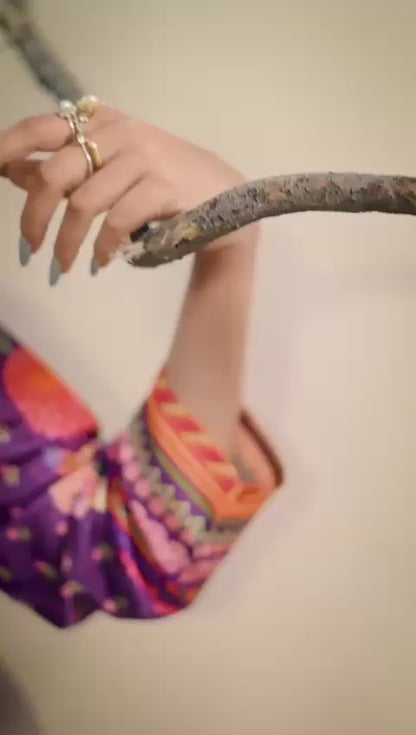 Purple designer digital print dress highlighted with thread and pearl handwork