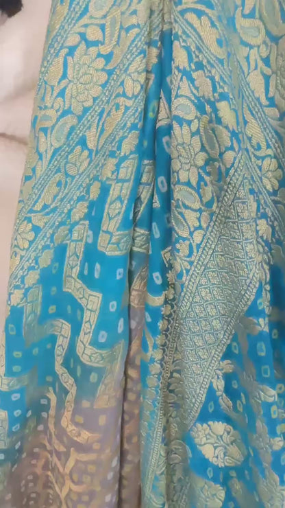 Turquoise-Grey Pure Khaddi Georgette hand rai Bandhani Banarasi saree with tested Gold zari weaving