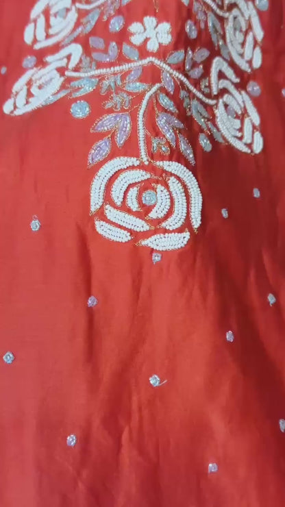 Orange  pure Mul chanderi Mukaish suit highlighted with mukaish & pearl handwork