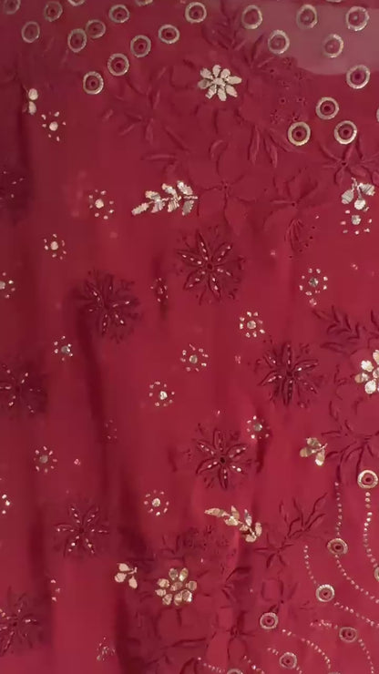 Maroon Pure Georgette Chikankari Saree enteric with fine Chikankari, jali & Ring Mukaish hand embroidery