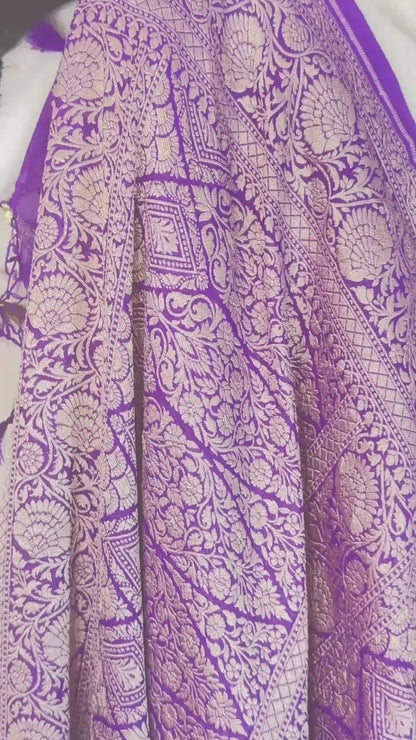 Red-Purple Pure Khaddi Georgette handloom Banarasi saree with tested Gold zari weaving