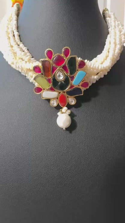 Pure 92.5 Silver Navratan pendant fresh water pearl choker embellishment with navratan semiprecious multicoloured gemstone.