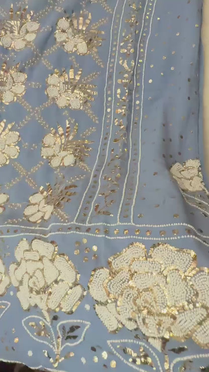 Powder Blue  pure Viscose georgette Mukaish pitta and pearl handwork suit