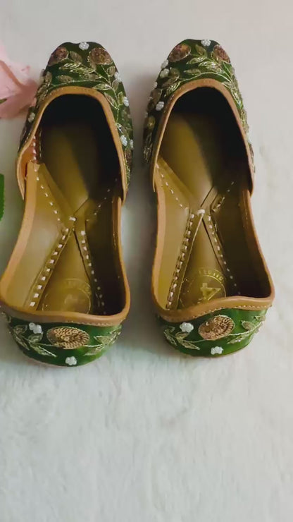 Henna green Premium designer pure leather Jutti with double cushion and highlighted with all handwork