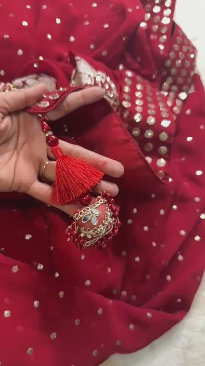 Red Pure Georgette Chikankari Saree with add on Pearl & Mukaish Pitta handwork