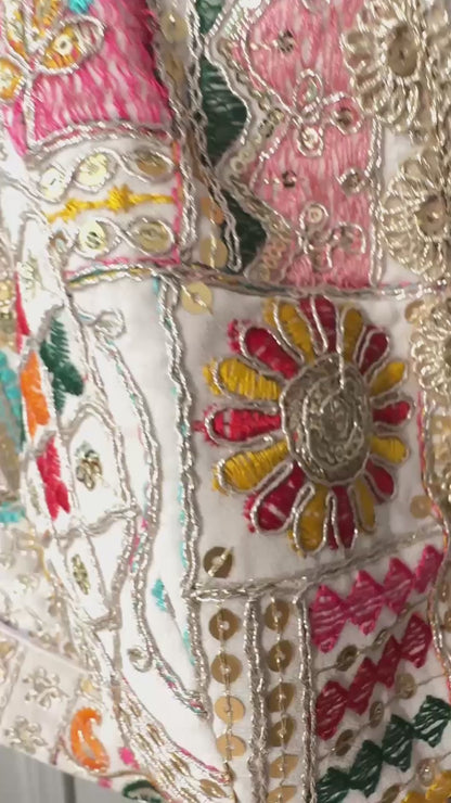 White Designer Multicoloured thread & sequins work blouse with Back adjustable Dori  ( can open till size 42 )