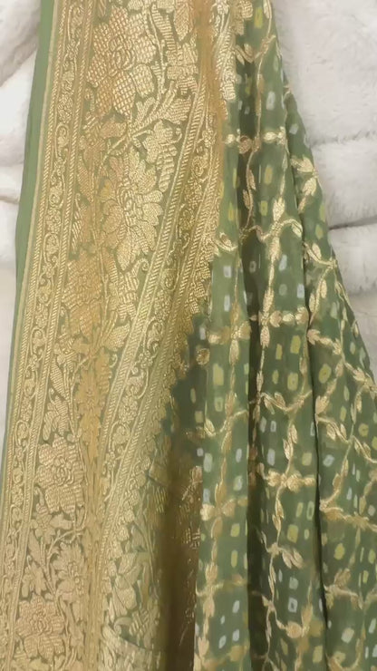 Henna Green Pure Khaddi Georgette hand rai Bandhani Banarasi saree with tested Gold zari weaving