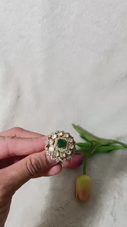 Emerald Green Statement 92.5 silver finger Ring embellished with white semiprecious Stone