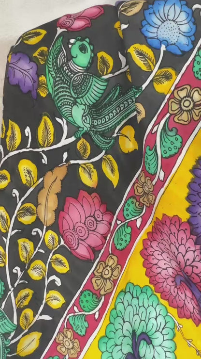 Carbon Black pure Bangalore silk hand drawn- hand painted Pen Kalamkari Saree