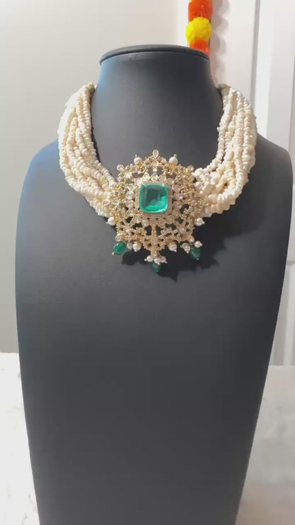Pure 92.5 Silver Goddess Laxmi choker with Gold polish embellishment with Semiprecious Jade stone with CZ & fresh water pearls
