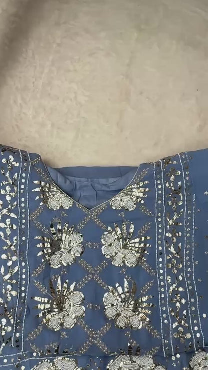 Powder Blue  pure Viscose georgette Mukaish pitta and pearl handwork suit