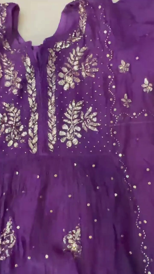 Purple pure Mulmul Chikankari gown suit highlighted with handwork Mukaish pitta