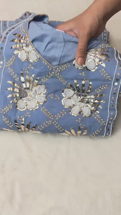 Powder Blue  pure Viscose georgette Mukaish pitta and pearl handwork suit
