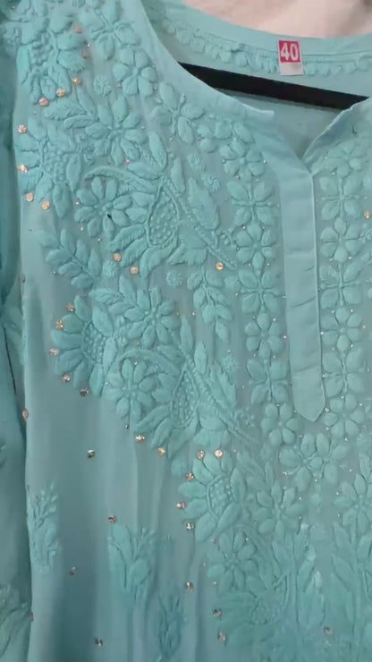 Teal blue Ombré Crape Silk Chikankari Kurti  with 3D Chikankari & Mukaish hand work