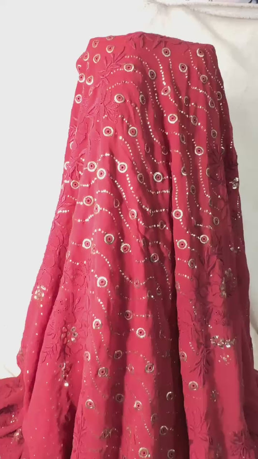 Maroon Pure Georgette Chikankari Saree enteric with fine Chikankari, jali & Ring Mukaish hand embroidery