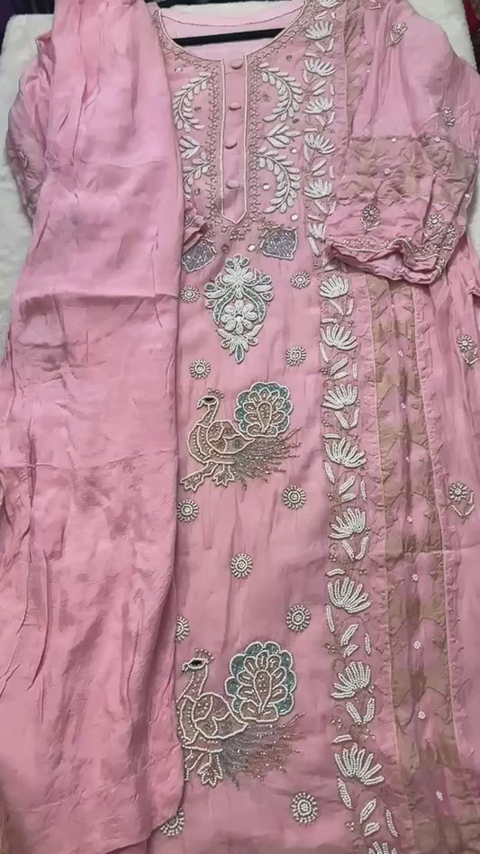Baby pink pure Mulchanderi Mukaish suit highlighted with pearl & Cutdana handwork