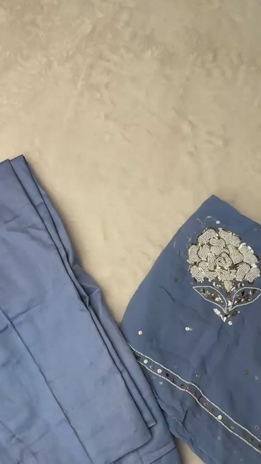 Powder Blue  pure Viscose georgette Mukaish pitta and pearl handwork suit