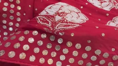Red Pure Georgette Chikankari Saree with add on Pearl & Mukaish Pitta handwork