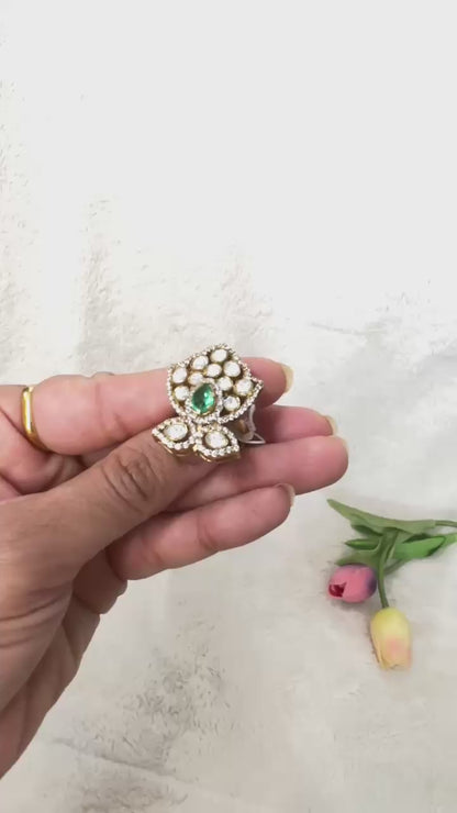 Emerald Green Statement 92.5 silver finger Ring embellished with real Moisonite & CZ  Stone