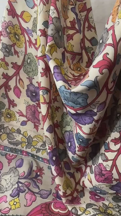 Beige pure Bangalore silk hand drawn- hand painted Pen Kalamkari Saree