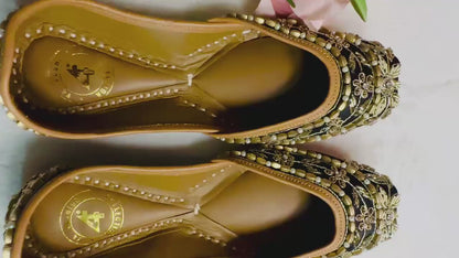 Black with gold Premium designer pure leather Jutti with double cushion and highlighted with all handwork