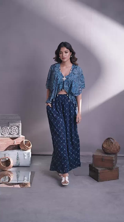 Teal Blue designer Indowestern palazzo set highlighted with stone & shell handwork