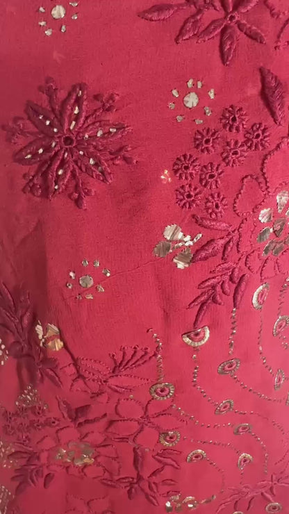 Maroon Pure Georgette Chikankari Saree enteric with fine Chikankari, jali & Ring Mukaish hand embroidery