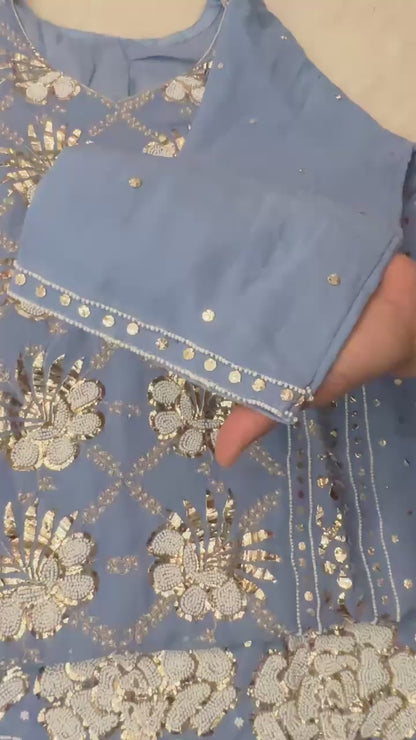 Powder Blue  pure Viscose georgette Mukaish pitta and pearl handwork suit