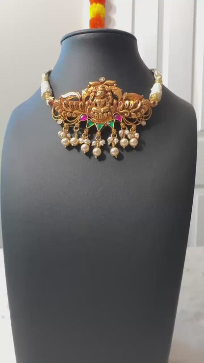 Pure 92.5 Silver Goddess Laxmi choker with Gold polish embellishment with Ruby & emerald Kundan & fresh water pearls