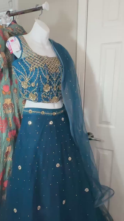 Teal Blue designer Lehenga  highlighted with all Pearl & semiprecious stone, Cutdana, sequins handwork