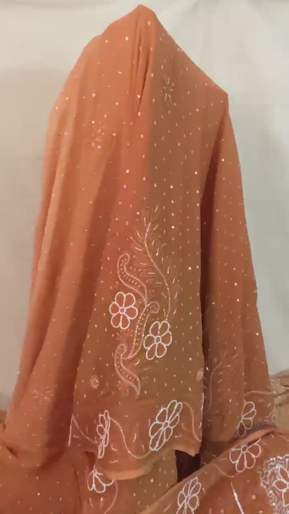 Rust ombré Pure Georgette Chikankari Saree enteric with fine hand Chikankari, Pearl ,sequins & Cutdana  hand work