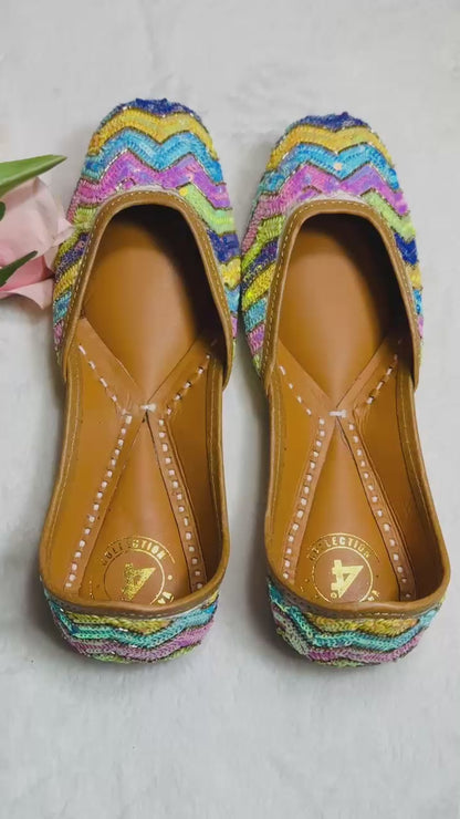 Rainbow multicoloured Premium designer pure leather Jutti with double cushion and highlighted with all handwork