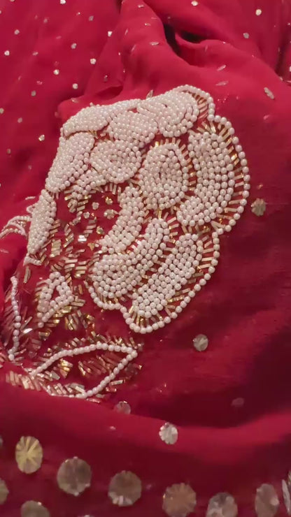 Red Pure Georgette Chikankari Saree with add on Pearl & Mukaish Pitta handwork