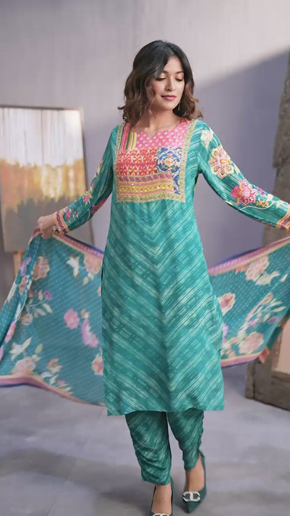Leaf green lehriya Floral print crape silk suit highlighted with pearl, Cutdana & thread hand work